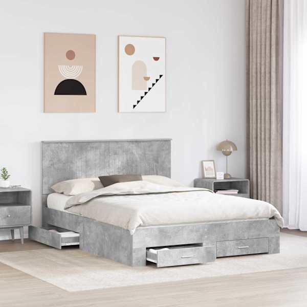 Sahtlitega voodiraam peatsiga, betoonhall, 150 × 200 cm, tehispuit — mudel 3411292
