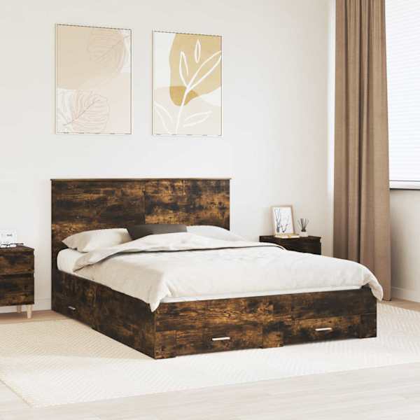 Sahtlitega voodiraam peatsiga, suitsutatud tamm, 150 × 200 cm, tehispuit — mudel 3411293