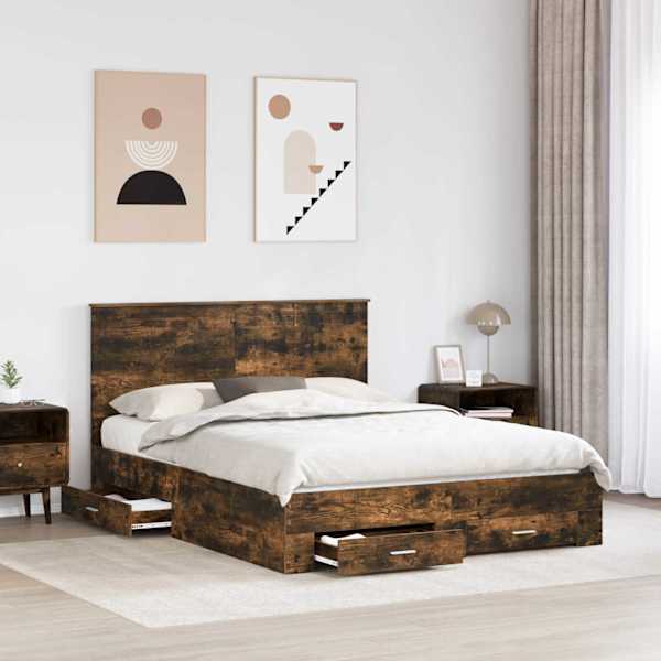Sahtlitega voodiraam peatsiga, suitsutatud tamm, 150 × 200 cm, tehispuit — mudel 3411293