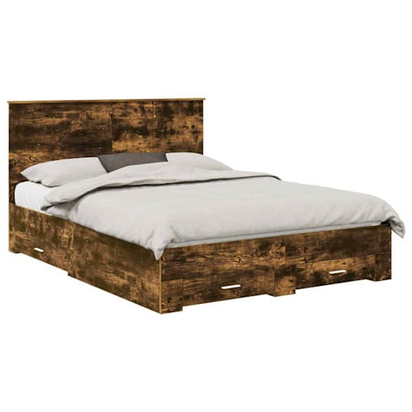 Sahtlitega voodiraam peatsiga, suitsutatud tamm, 150 × 200 cm, tehispuit — mudel 3411293