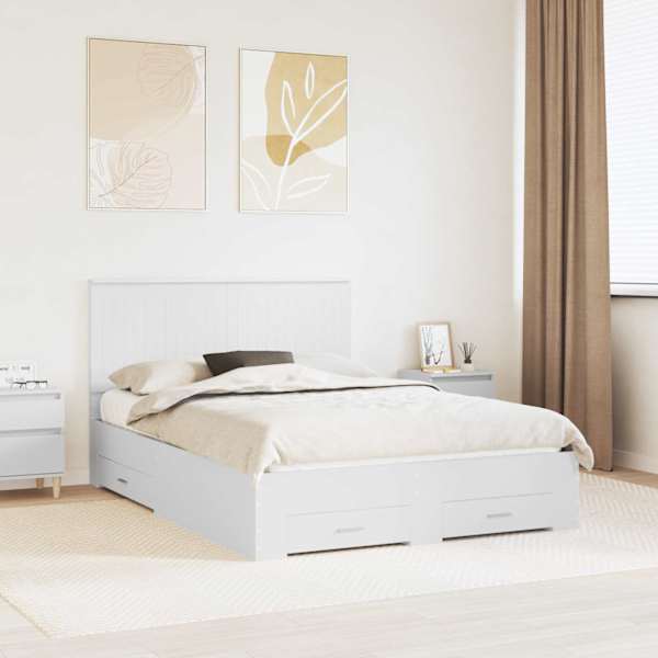 Sahtlitega voodiraam peatsiga, valge, 140 × 200 cm, tehispuit — mudel 3411296