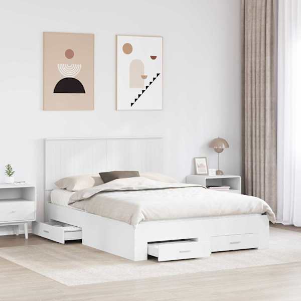 Sahtlitega voodiraam peatsiga, valge, 140 × 200 cm, tehispuit — mudel 3411296