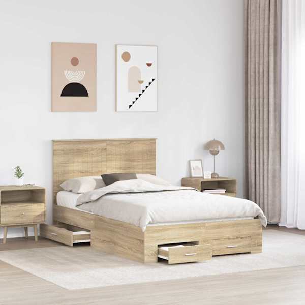 Sahtlitega voodiraam peatsiga, sonoma tamm, 120 × 200 cm, tehispuit — mudel 3411325