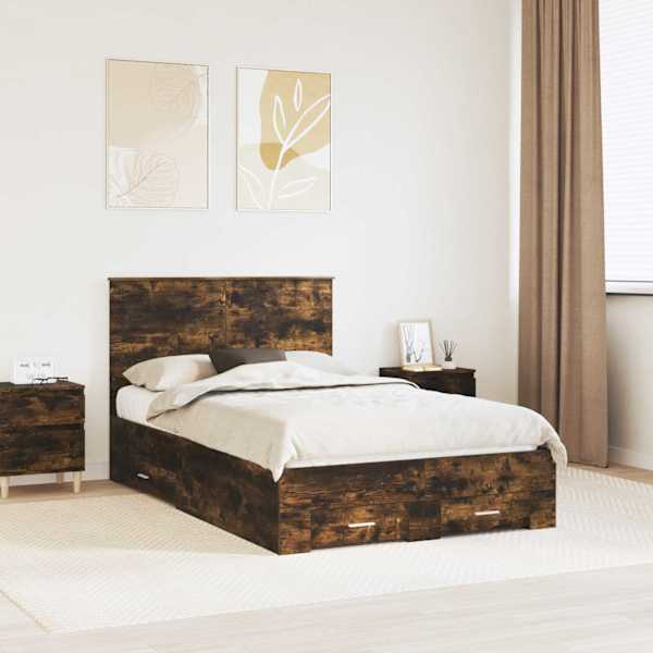 Sahtlitega voodiraam peatsiga, suitsutatud tamm, 120 × 200 cm, tehispuit — mudel 3411327