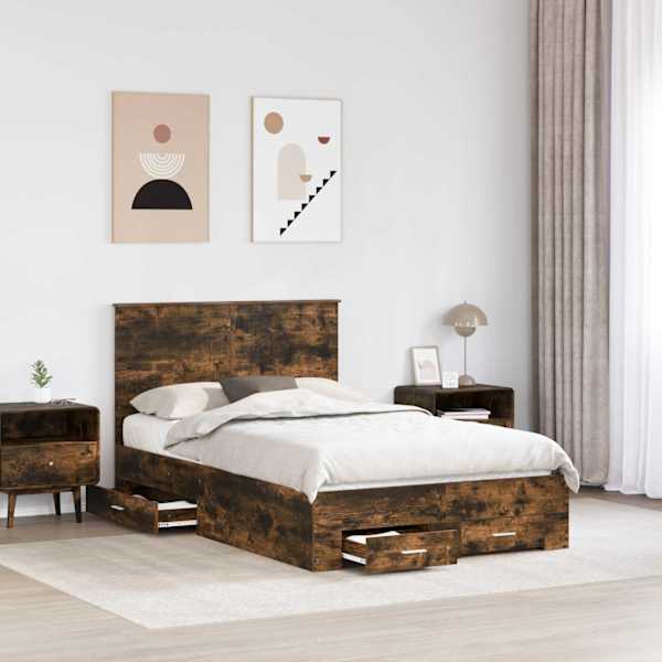 Sahtlitega voodiraam peatsiga, suitsutatud tamm, 120 × 200 cm, tehispuit — mudel 3411327