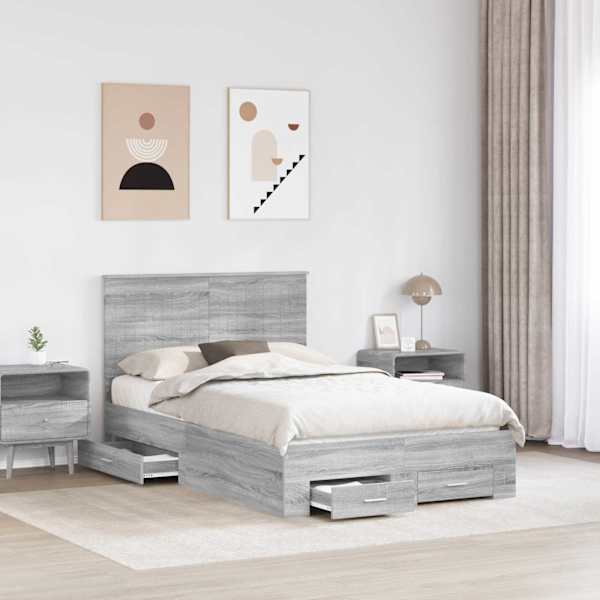 Sahtlitega voodiraam peatsiga, hall sonoma, 120 × 200 cm, tehispuit — mudel 3411328