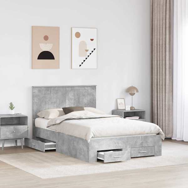 Sahtlitega voodiraam peatsiga, betoonhall, 120 × 190 cm, tehispuit — mudel 3411335