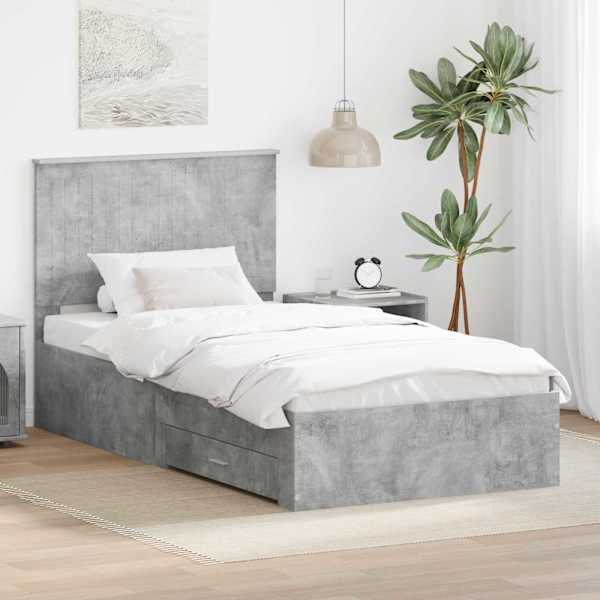 Sahtlitega voodiraam peatsiga, betoonhall, 100 × 200 cm, tehispuit — mudel 3411344