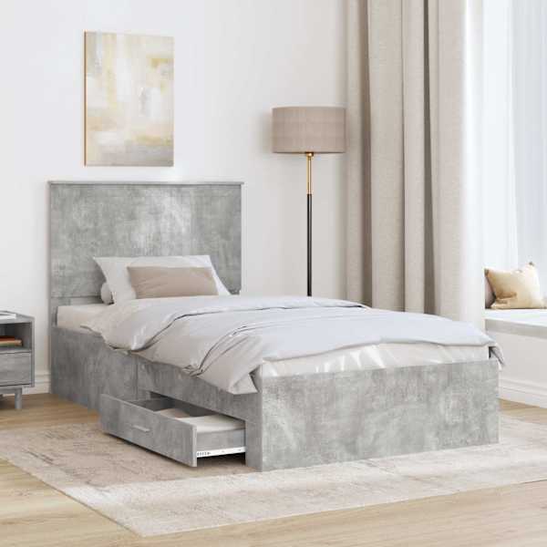 Sahtlitega voodiraam peatsiga, betoonhall, 100 × 200 cm, tehispuit — mudel 3411344