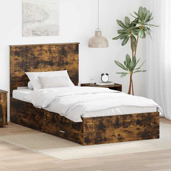 Sahtlitega voodiraam peatsiga, suitsutatud tamm, 100 × 200 cm, tehispuit — mudel 3411345