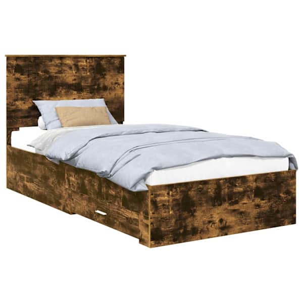 Sahtlitega voodiraam peatsiga, suitsutatud tamm, 100 × 200 cm, tehispuit — mudel 3411345