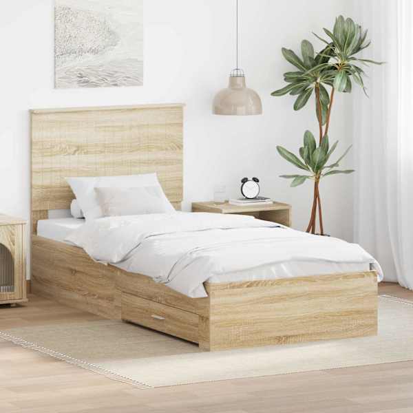 Sahtlitega voodiraam peatsiga, sonoma tamm, 90 × 200 cm, tehispuit — mudel 3411352