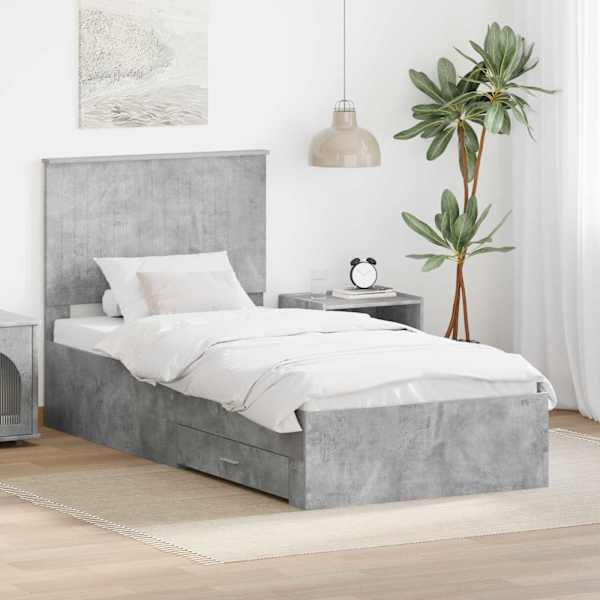 Sahtlitega voodiraam peatsiga, betoonhall, 90 × 190 cm, tehispuit — mudel 3411362
