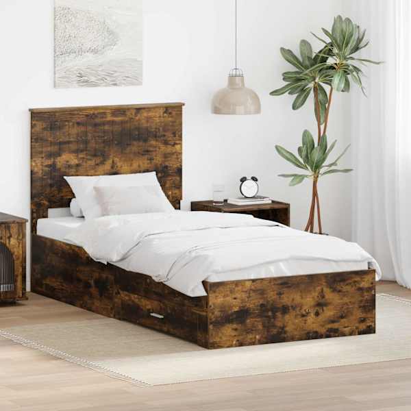 Sahtlitega voodiraam peatsiga, suitsutatud tamm, 90 × 190 cm, tehispuit — mudel 3411363
