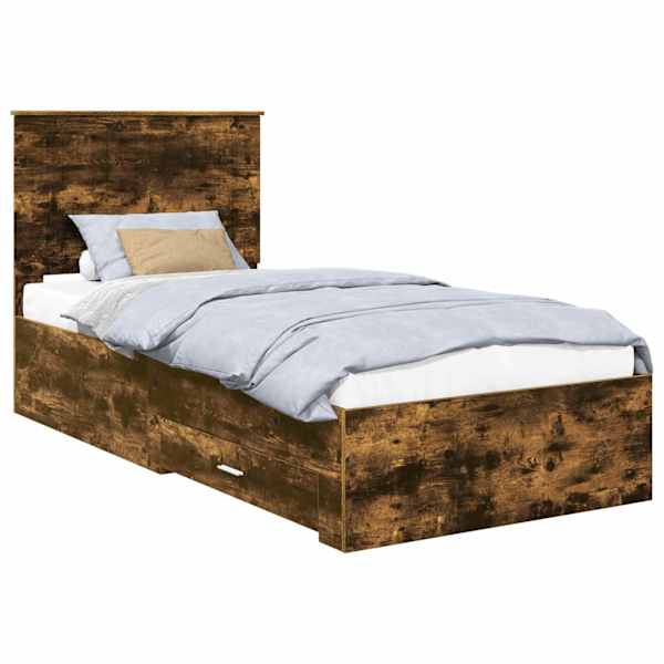 Sahtlitega voodiraam peatsiga, suitsutatud tamm, 90 × 190 cm, tehispuit — mudel 3411363