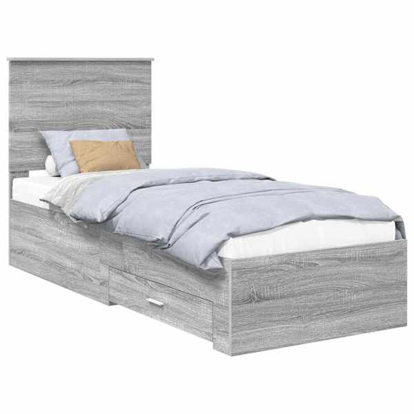 Sahtlitega voodiraam peatsiga, hall sonoma ja hõbe, 70 × 190 cm, tehispuit — mudel 3411373