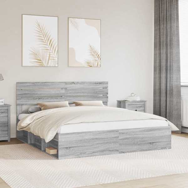 Voodiraam peatsiga, hall sonoma, 180 × 200 cm, männipuit — mudel 3411388