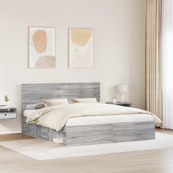 Voodiraam peatsiga, hall sonoma, 180 × 200 cm, männipuit — mudel 3411388