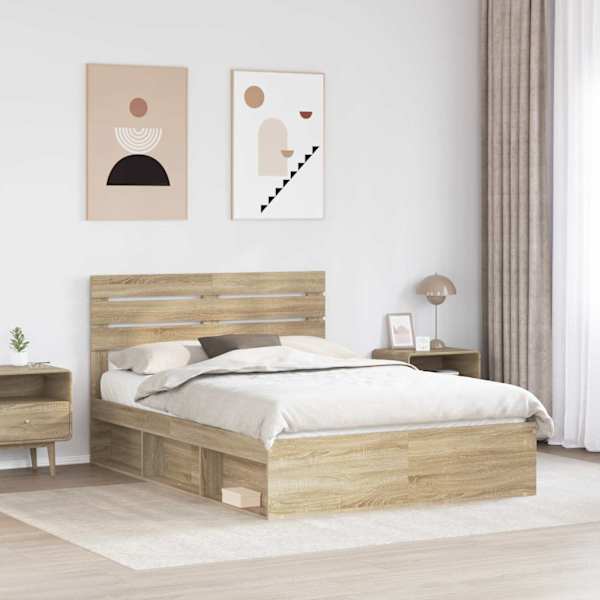 Voodiraam peatsiga, sonoma tamm, 150 × 200 cm, männipuit — mudel 3411401