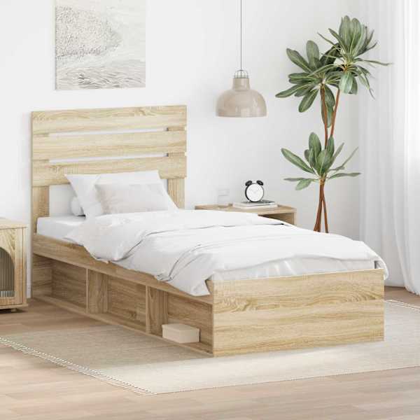 Voodiraam peatsiga, sonoma tamm, 90 × 190 cm, männipuit — mudel 3411465