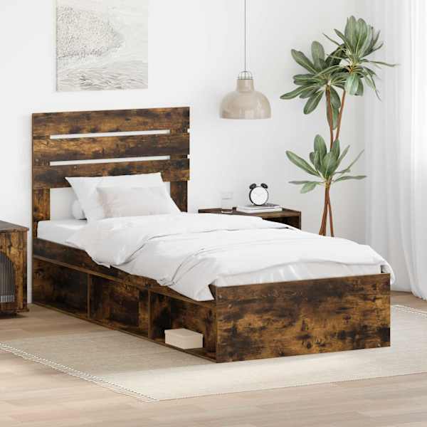 Voodiraam peatsiga, suitsutatud tamm, 75 × 190 cm, männipuit — mudel 3411475