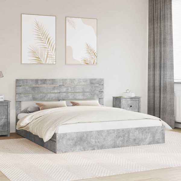 Sahtlitega voodiraam peatsiga, betoonhall, 180 × 200 cm, tehispuit — mudel 3411551