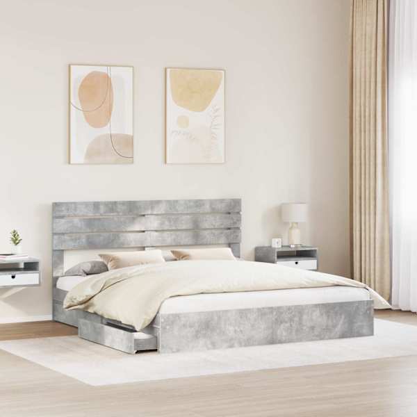 Sahtlitega voodiraam peatsiga, betoonhall, 180 × 200 cm, tehispuit — mudel 3411551