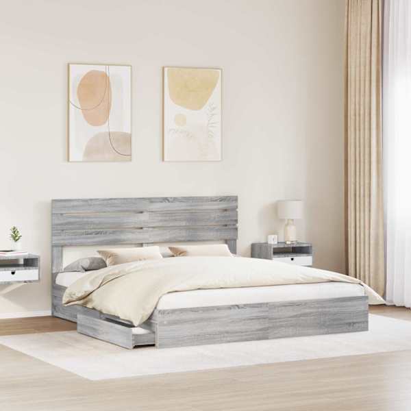 Sahtlitega voodiraam peatsiga, hall sonoma, 180 × 200 cm, tehispuit — mudel 3411553