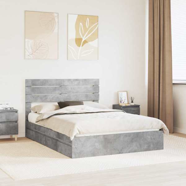 Sahtlitega voodiraam peatsiga, betoonhall, 150 × 200 cm, tehispuit — mudel 3411561