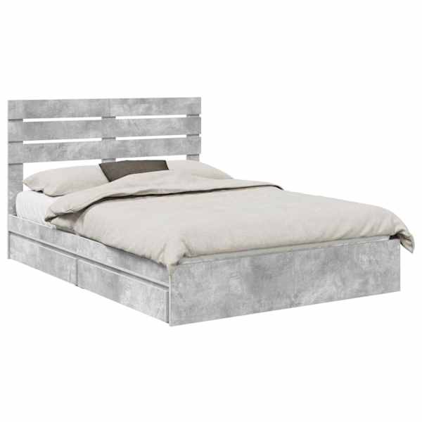 Sahtlitega voodiraam peatsiga, betoonhall, 150 × 200 cm, tehispuit — mudel 3411561