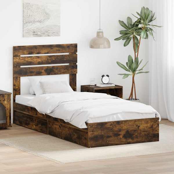 Sahtlitega voodiraam peatsiga, suitsutatud tamm, 100 × 200 cm, tehispuit — mudel 3411592