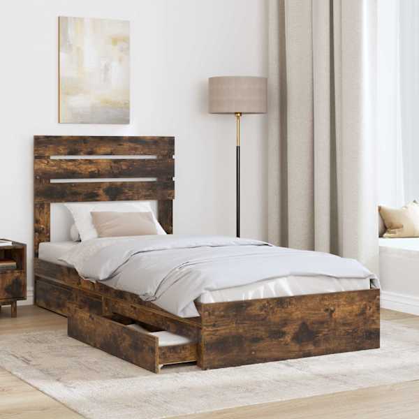 Sahtlitega voodiraam peatsiga, suitsutatud tamm, 100 × 200 cm, tehispuit — mudel 3411592