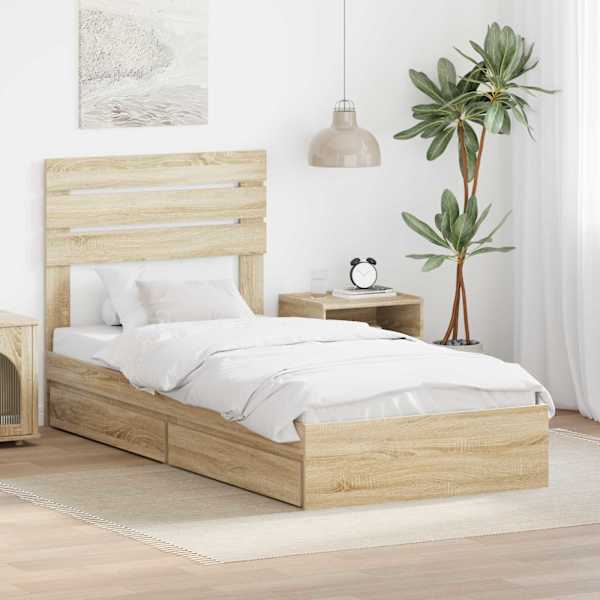 Sahtlitega voodiraam peatsiga, sonoma tamm, 90 × 200 cm, tehispuit — mudel 3411595