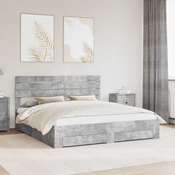 Sahtlitega voodiraam peatsiga, betoonhall, 180 × 200 cm, tehispuit — mudel 3411617