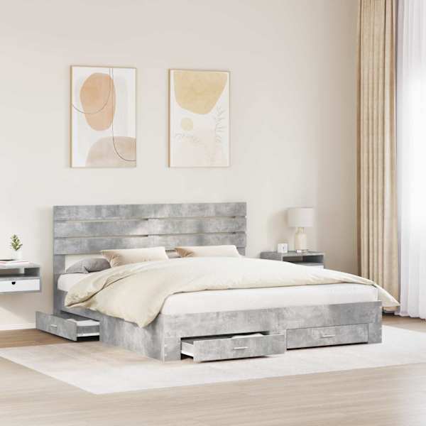 Sahtlitega voodiraam peatsiga, betoonhall, 180 × 200 cm, tehispuit — mudel 3411617