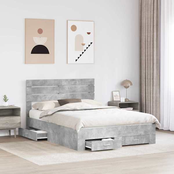 Sahtlitega voodiraam peatsiga, betoonhall, 150 × 200 cm, tehispuit — mudel 3411632