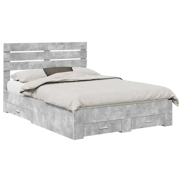 Sahtlitega voodiraam peatsiga, betoonhall, 150 × 200 cm, tehispuit — mudel 3411632