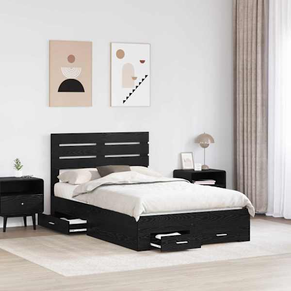 Sahtlitega voodiraam peatsiga, must tamm, 135 × 190 cm, tehispuit — mudel 3411652