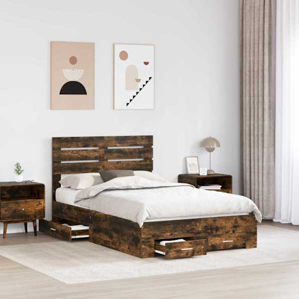 Sahtlitega voodiraam peatsiga, suitsutatud tamm, 120 × 200 cm, tehispuit — mudel 3411663