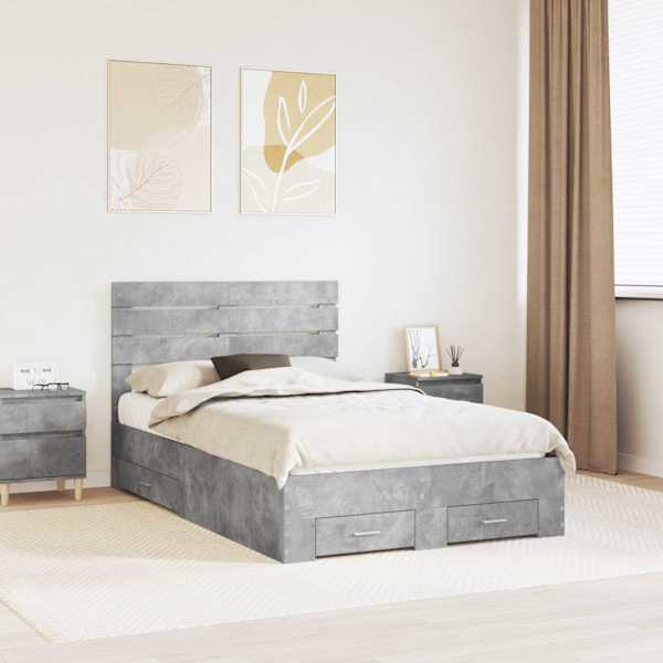 Sahtlitega voodiraam peatsiga, betoonhall, 120 × 190 cm, tehispuit — mudel 3411670