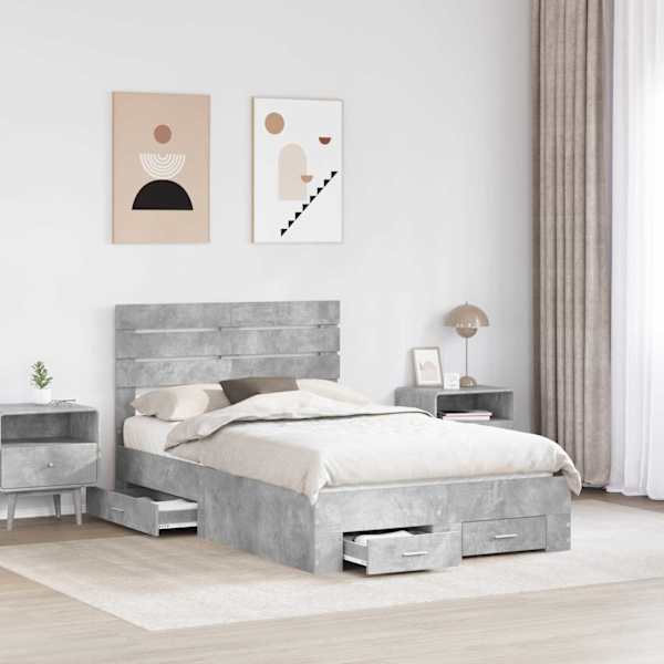 Sahtlitega voodiraam peatsiga, betoonhall, 120 × 190 cm, tehispuit — mudel 3411670