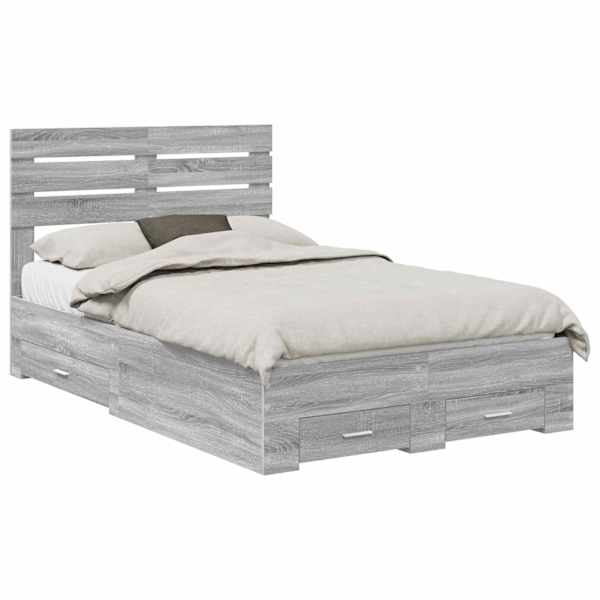 Sahtlitega voodiraam peatsiga, hall sonoma, 120 × 190 cm, tehispuit — mudel 3411672