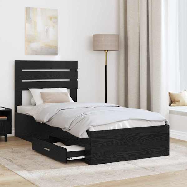Sahtlitega voodiraam peatsiga, must tamm, 100 × 200 cm, tehispuit — mudel 3411676