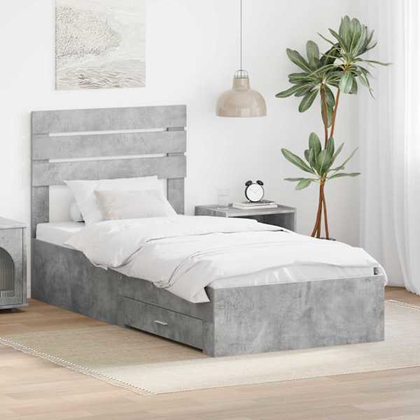 Sahtlitega voodiraam peatsiga, betoonhall, 100 × 200 cm, tehispuit — mudel 3411678
