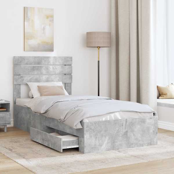 Sahtlitega voodiraam peatsiga, betoonhall, 100 × 200 cm, tehispuit — mudel 3411678