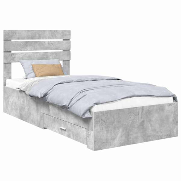 Sahtlitega voodiraam peatsiga, betoonhall, 90 × 200 cm, tehispuit — mudel 3411686