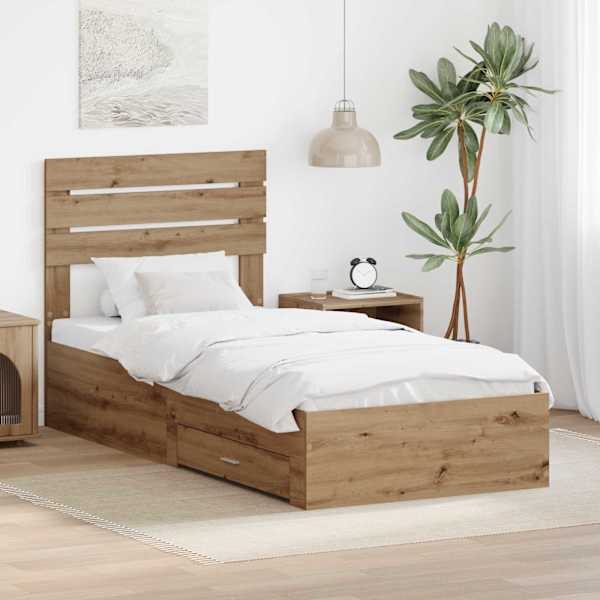 Sahtlitega voodiraam peatsiga, Artisan tamm, 90 × 200 cm, tehispuit — mudel 3411690