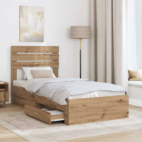 Sahtlitega voodiraam peatsiga, Artisan tamm, 90 × 200 cm, tehispuit — mudel 3411690