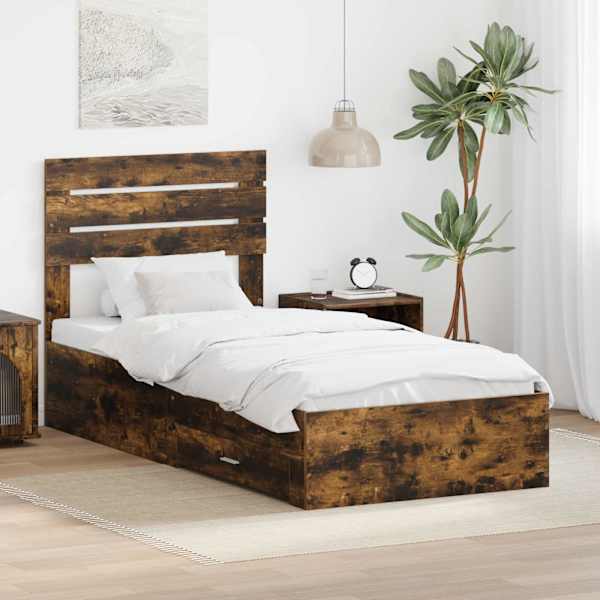 Sahtlitega voodiraam peatsiga, suitsutatud tamm, 90 × 190 cm, tehispuit — mudel 3411695