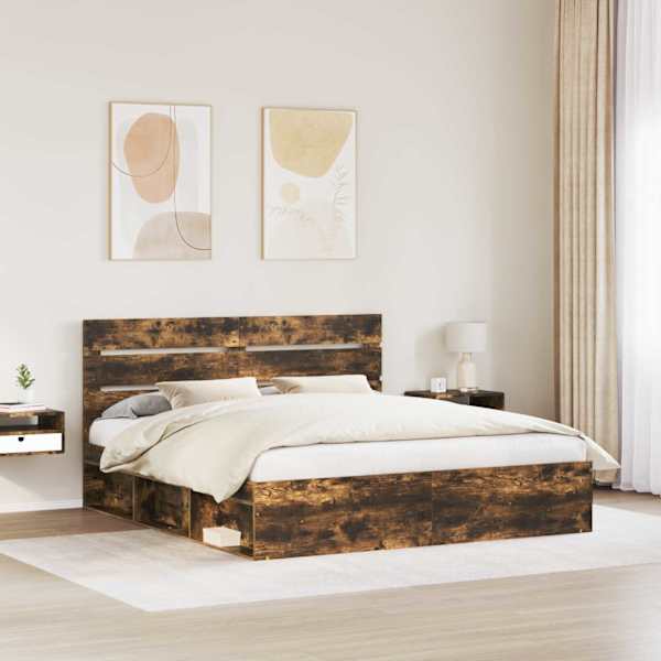 Voodiraam peatsiga, suitsutatud tamm, 180 × 200 cm, männipuit — mudel 3411716